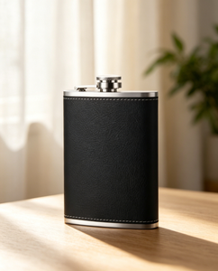 กระติกน้ำสุราพกพาขนาดเล็ก 8 ออนซ์ ทำจากหนัง PU สีดำ พร้อมกระบอกสแตนเลส เหมาะสำหรับเดินทางกลางแจ้ง - Product Image 1