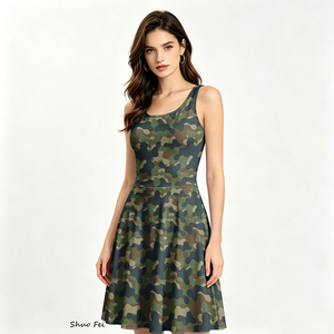 Abito Senza Maniche da Donna Stile Skater con Stampa Digitale Camouflage <span class=keywords><strong>Jungle</strong></span>, Vestito Estivo a Linea A con Tasche Laterali, Mini Abito Verde Mimetico - Product Image 1