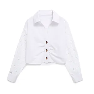 Turn down collar white color long sleeve buttons up embroidery casual tops for women