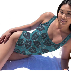 Maillot de bain une pièce pour femmes, motif végétal, col rond, en Spandex et Polyester, extensible, pour la plage, les stations balnéaires, vêtements d'été - Product Image 1