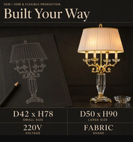 Lampe de table candélabre en cristal plaqué or avec bouton-poussoir E14 220V, abat-jour en tissu, lumière chaude pour buffet, cheminée, commode, vitrine