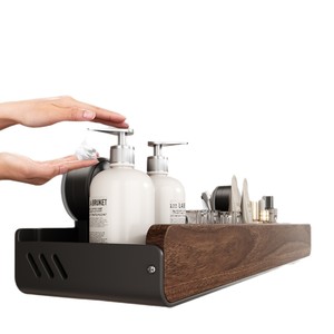 Étagère de salle de bain en bois de noyer à 2 niveaux, fixation par ventouse, sans perçage, pour rangement sous l'évier ou près des toilettes - Product Image 5