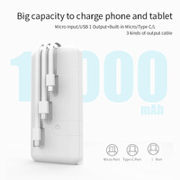 Batterie externe ultra-fine ZT20 5-en-1 10000mAh Li-Polymère avec câble intégré Micro USB Type-C, écran LED et support de téléphone, charge rapide 10W