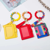 Gantungan Kunci Pemegang Kartu Kredit Dompet Koin Kulit dengan Ritsleting Dompet Kulit Bermotif Bunga Gelang Manik Silikon Rumbai Gantungan Kunci
