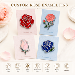 Badges de revers en métal personnalisés en émail dur, plaqués argent, motifs Rose rouge, Corail, Bouton de rose rose, Bouton de rose bleu - Product Image 4
