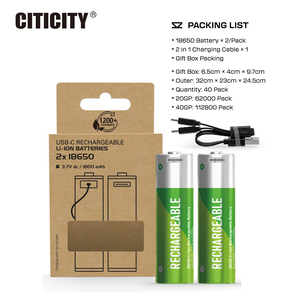 CITICITY C18650 USB Rechargeable 18650 LiNiMnCoO2 <b>Batteries</b> (2-Pack) 7400mWh <b>3.7V</b> 1200+ Charge Cycles 0-40 for Toys - Product Image 1