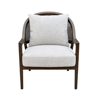 Fauteuil d'appoint en bois de frêne massif avec dossier en rotin naturel et tissu polyester effet lin pour salon