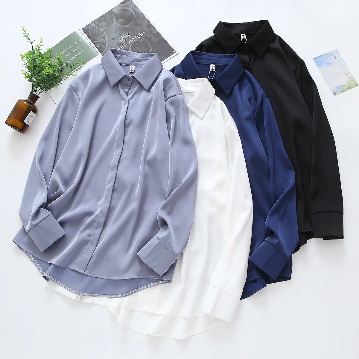 2022 Autumn Women Satin Solid Color Shirt High-end Design Long-sleeved Top Satin Drape Western Style Lapel Blouse Shirt T18624Y