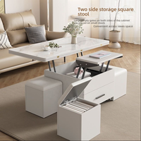 Mesa de Centro con Tapa Elevable y 4 Taburetes de Almacenamiento para Sala de Estar, Efecto Mármol, Cajón con Ruedas, Mesa Baja Multifuncional