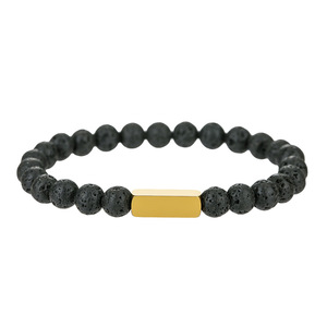 Bracelet en pierres naturelles, pierre volcanique, charme rectangulaire en acier inoxydable, bijoux unisexe, accessoire cadeau - Product Image 5
