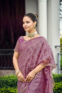 Sari en satin de soirée élégant avec perles lourdes, tenue traditionnelle de créateur pour femme, idéal pour réceptions et festivals (Abhi) - Product Image 2