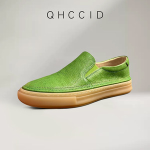 <b>Green</b> Genuine Leather Slip-On <b>Loafers</b> For <b>Men</b> Low Heel Breathable Casual Shoes Solid Color Sewing Thread Design - Product Image 2