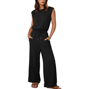 Mono sin mangas de pierna ancha para mujer, de cintura alta con cordón, transpirable, de una pieza, con bolsillos, para uso diario - Product Image 1