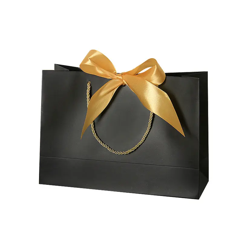 Bolsa de papel de lujo con Logo Personal, embalaje de estampado en caliente, bolsa de regalo de papel negro para manualidades de dulces con lazo, recuerdo de boda, fabricante de China