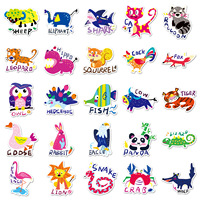 Pegatinas Originales de Animales de Dibujos Animados para Niños, Calcomanías Impermeables Educativas en Inglés para Álbumes de Recortes, Cuadernos y Laptops