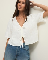 Chemisier décontracté en lin et coton à col en V pour femme, personnalisé OEM, design simple, motif tissé avec logo frontal, idéal pour toutes les saisons