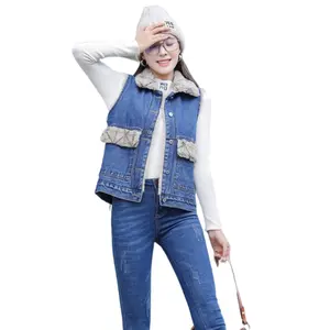 Großhandel New Design Mode Custom Frauen Weste Jean Jacke Casual Streetwear Denim Weste Pelz Jeans Weste