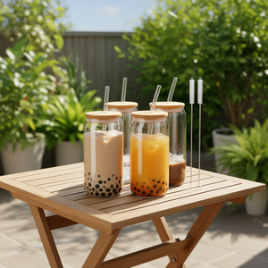 Juego de vasos de vidrio con forma de lata de 20 oz, 4 piezas, con tapas de bambú y pajitas para té de burbujas, batidos, café helado, uso en fiestas. - Product Image 2