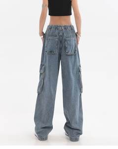 جيب السيدات عالية الخصر الساق واسعة الجينز الفضفاض الغسيل الخفيف الدنيم السراويل البضائع تنفس راحة عالية فضفاضة تناسب الجينز المرأة - Product Image 4