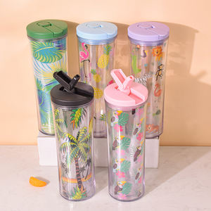 Vasos de plástico acrílico Soporte de tarjeta de PVC Personalización Vaso delgado de plástico Agua Café Beber Doble pared con tapa - Product Image 2