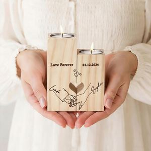 Custom Holding Hands Design Wooden Candle <b>Holder</b> Names Square <b>Tealight</b> Stands Modern Rustic Wedding Gift - Product Image 5