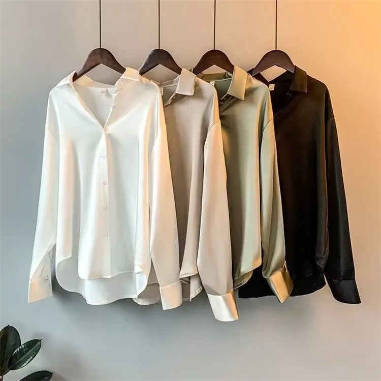 Hot sale Women's New Solid Fashion Satin Long Sleeve Blouse Retro Simple Drape Feeling Green Polo Collar Casual Shirt Wholesale