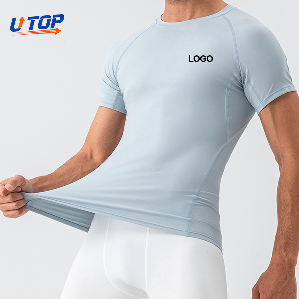 Custom Logo Men's Lightweight Yoga Fitness Training T-Shirt Quick-Dry Breathable Running Spandex/Nylon Skinny Fit Short Sleeve