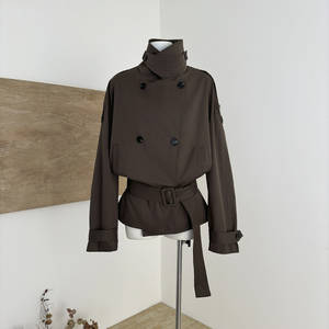 Manteau <span class=keywords><strong>trench</strong></span> pour femme, style rétro automne français, grand col montant, épaules larges, <span class=keywords><strong>court</strong></span>, double boutonnage, ceinture à nouer, doublure en polaire - Product Image 2