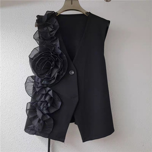 Femmes <span class=keywords><strong>gilet</strong></span> col en v 3d grande <span class=keywords><strong>maille</strong></span> fleurs couleur unie simple boutonnage <span class=keywords><strong>sans</strong></span> manches <span class=keywords><strong>gilet</strong></span> 2025 été nouvelle mode - Product Image 2