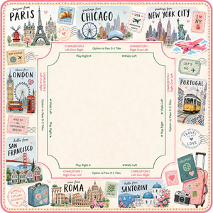 Tapis de jeu de mahjong américain sur le thème du voyage, illustré par des monuments de villes telles que Paris, New York et Londres. - Product Image 1