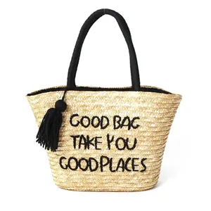 Sacola de saco de compras de palha, logotipo personalizado bordado grande praia do verão com pompom