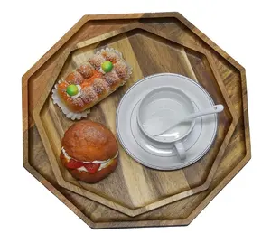 Bandeja octogonal de madera para servir, Juego de 2 piezas de bandejas de madera de Acacia para comida, fruta, verdura, carne, desayuno, almuerzo, cena