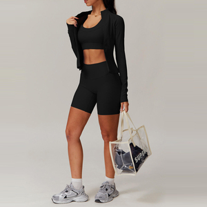 3-Piece <b>Yoga</b> Set Winter Long Sleeve Front Zipper <b>Jacket</b> Sports Shorts Elastic Waist Butt Lifting Four-Way Stretch Breathable - Product Image 4