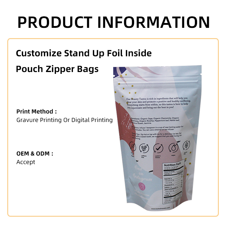 Custom Food Packaging Zip Seal  Stand Up Pouches Matt Stand Up Pouch Zipper Bags