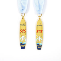 Médaille de surf personnalisée avec logo, en alliage de zinc, émail souple, placage or, pour événements aquatiques de surf, avec ruban imprimé