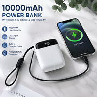 Mini batterie externe Li-Polymère 10000 mAh, haute puissance 22,5 W, batterie externe portable, charge rapide, deux câbles intégrés, écran LED