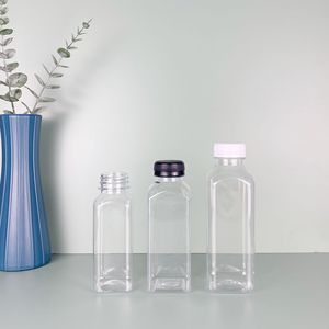 Customizable Logo 4OZ 250ml 12oz 16oz PET Empty Juice Plastic Garrafa Black Screw Cap Square Flat Disponível 400ml 300ml 500ml