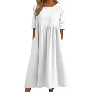 Support OEM Customization Of Short Sleeved Solid Color High Waisted Summer Casual Women's Linen Dresses