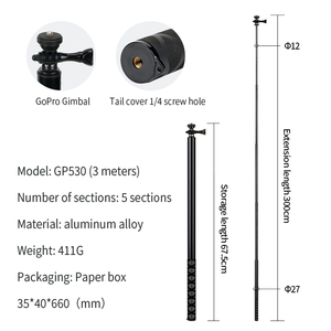 Daryoo pour accessoires GoPro, bâton de <span class=keywords><strong>selfie</strong></span> étanche en aluminium de 118 pouces pour GoPro 10 9 8 7 6 5 4 Sj7 H8 H9r pour DJI OSMO - Product Image 3