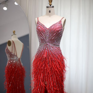 Sharon Said SS004 vestido de noche de lujo con cuentas plumas azules sirena tirantes finos Sexy espalda descubierta vestidos de graduación con abertura - Product Image 2