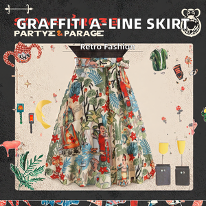 Graffiti Printed Empire Waist Vintage Knitted <b>A</b>-<b>line</b> Summer <b>Skirt</b> 50s-90s with Belt - Product Image 2