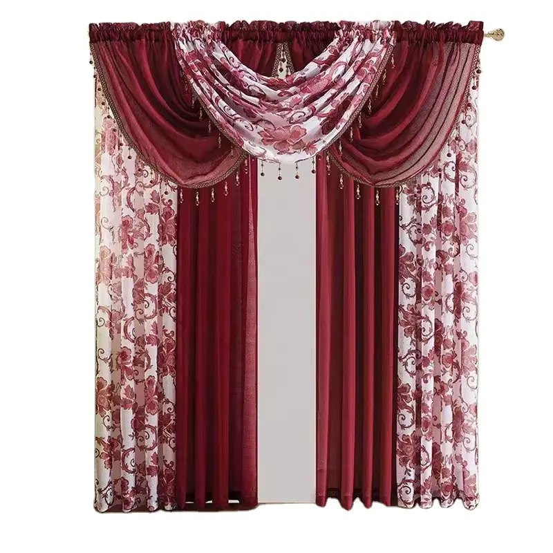Hot Sale Rod Pocket Wholesale Flower Embroidery Red 7 in1 Set Top Burgundy Live Room Curtain