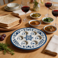Assiette de Seder pour la Pâque juive, traditionnelle, en poterie, avec impression bleue et blanche, durable, écologique, 6 sections, vaisselle religieuse, boutique de cadeaux