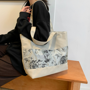 Primavera Verano otoño moda bambú estampado estilo chino Patchwork lona bolso de mano cierre de cremallera impermeable moda portátil - Product Image 4