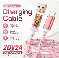 Câble USB-A vers Type-C rose tressé avec paillettes, charge rapide 60W, noyau en cuivre épaissi pour écouteurs et téléphone portable