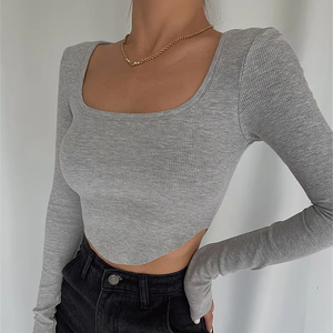 <span class=keywords><strong>T</strong></span>-shirts côtelés compressés écologiques pour femmes, vente en gros, basiques, à manches longues, coupe ajustée, manches bouffantes, en polyester tissé pour femmes - Product Image 1