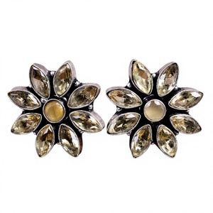 Wholesale Handmade Silver Plated Sunflower <b>Cat</b> Eye Glass Bezel Setting Stud <b>Earrings</b> Statement Gift for Women - Product Image 1