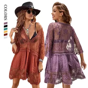 Chiffon Solid Color Lace Embroidered Loose Beach Cover Up Lace Half Sleeve V-Neck Holiday Bikini Cover Up Beach Dress
