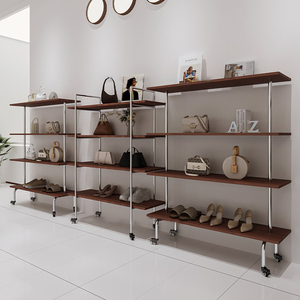 Hiện đại hai mặt Rack hiển thị quần áo vàng đứng hiển thị kim loại bằng gỗ Rack hiển thị cửa hàng kệ cho túi và giày - Product Image 3