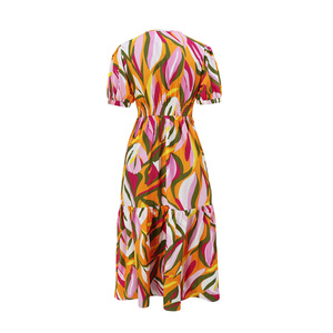 ชุดเดรสแขนสั้นคอวีผูกเอวลายพิมพ์ลำลองสำหรับวันหยุดของผู้หญิงแฟชั่น - Product Image 3